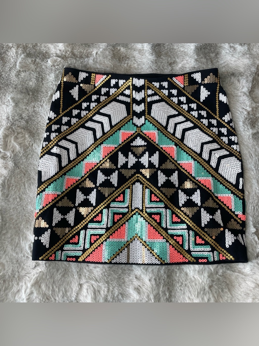 Express Black Mini Skirt with Gold, White, Coral & Mint Sequin Geometric-0325